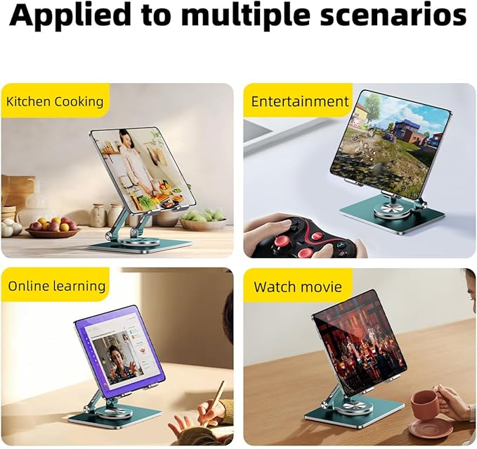 iPad Holder Stand, Tablet Holder with Thickened 360° Rotating Base Dual Rod Adjustable Aluminum Stand for All 4-12.9’’ iPad Surface Samsung Phone Tablet Kindle E-Reader and More, Space Gray