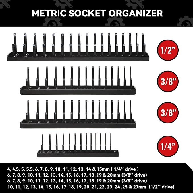 8PCS Socket Organizer Tray Set,SAE & Metric Socket Trays, 2PCS 1/4", 4PCS 3/8", 2PCS 1/2" Drive Deep and Shallow Socket Holders for Toolboxes (8pcs socket organizer）