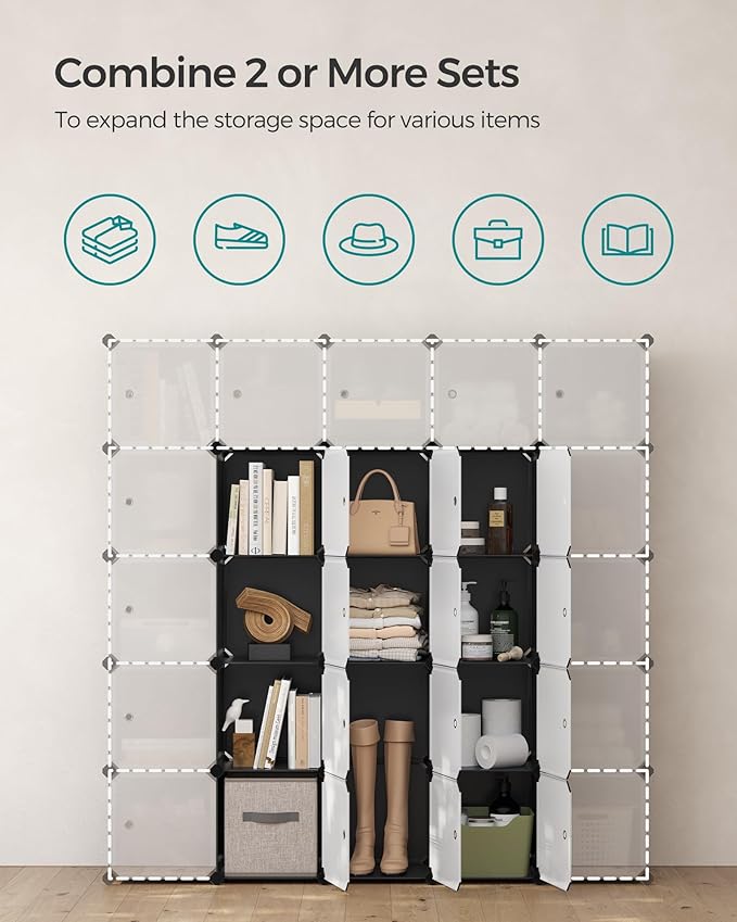 SONGMICS Cube Storage Organizer, Set of 16 Plastic Cubes, Closet Storage Shelves, DIY Plastic Closet Cabinet, Modular Bookcase, Shelving with Doors for Bedroom, Living Room, Black and White ULPC44HS