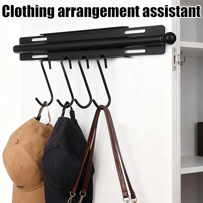 Valet Rod for Closet, Carbon Steel Extending Closet Valet Rod with 4 Hooks & Installation Hardware Heavy Duty Pull Out Hanger Bar Rack Accessories for Hanging Clothes Bathroom Laundry (Black)