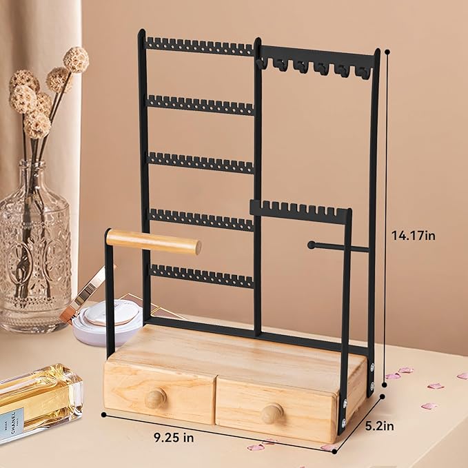 DreamGenius Jewelry Organizer Stand with 2 Velvet Ring Holder Drawers, 5 Tier Jewelry Holder Organizer with 11 Hooks for Necklaces and 145 Holes for Earrings, Black