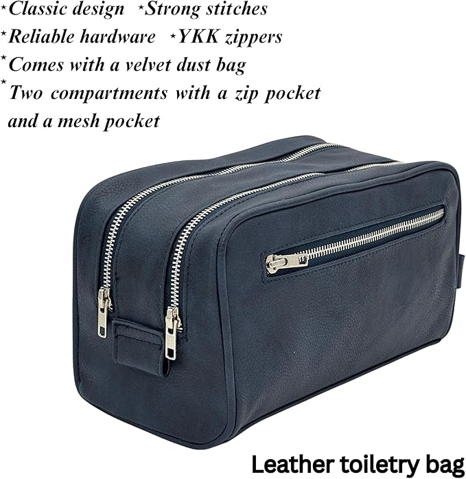 Dopp Gift Large Travel Toiletry Bag Premium Quality PU Leather Two compartments YKK Zippers Water-resistant Bottom Studs Mesh Pockets Durable Cosmetic Organizer NAVY BLUE