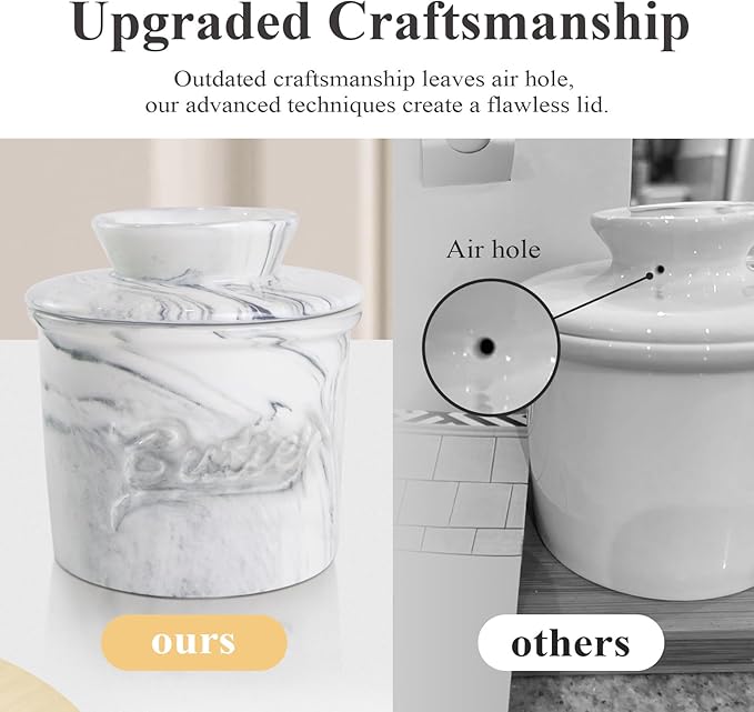 Butter Crock for Counter with Water, French Butter Keeper for Spreadable Butter Marble Ceramic Butter Dish with Lid for Countertop, Butter Container Holder