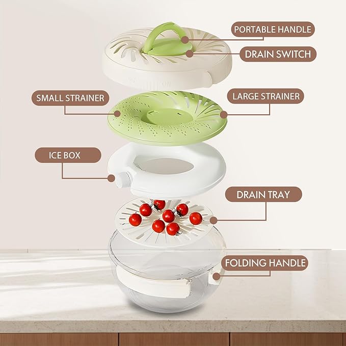 2025 Upgrade Fruit Washing Bowl with Strainer (2.85QT+1QT), 3 in 1 Multipurpose Drain Basket with Lid and Ice Box, Foldable Handle Perfect for Fridge Storage and Outdoor Picnics