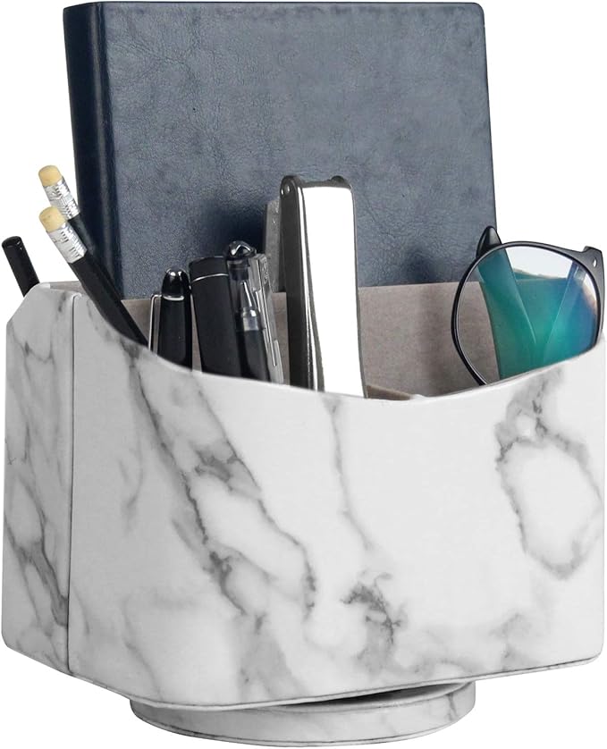 HofferRuffer Spinning Remote Control Holder, Remote Controller Holder, Remote Caddy, Media Storage Organizer, Spinning Remote Control Organizer, 7.3X 5.5 x 6 inches, Marble PU Leather