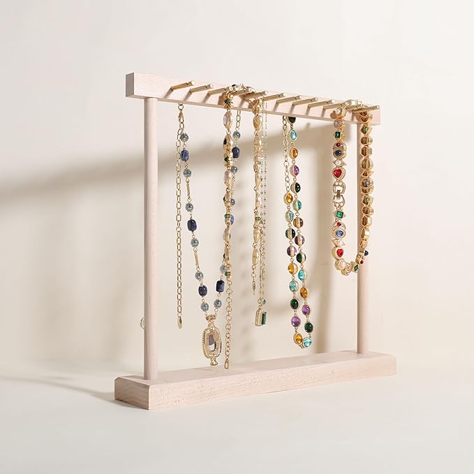 GemeShou Medium necklace hanger shelf with 12 copper bars, Wooden jewelry storage organizer rack for hanger necklace bracelet, necklace display stand for boutique store【Maple】