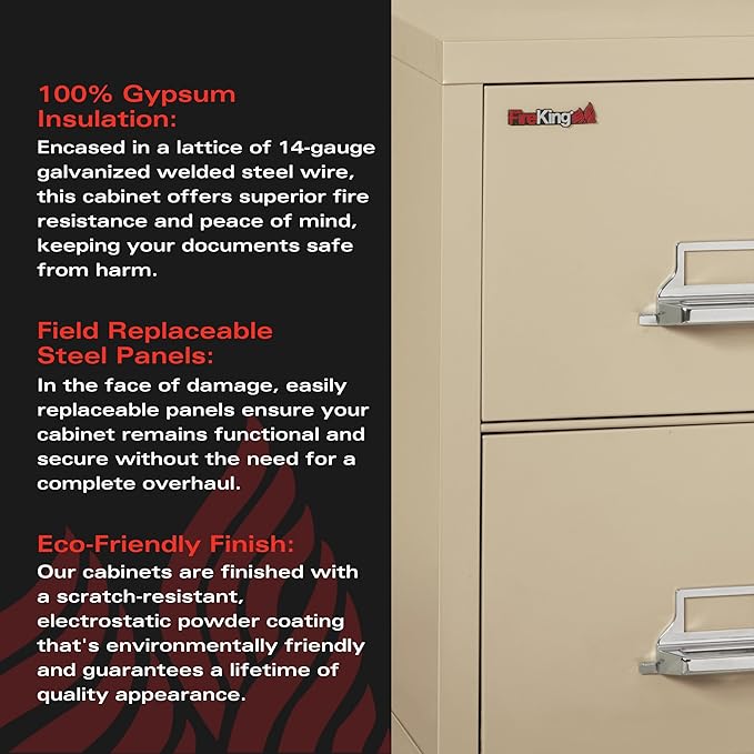 FireKing Vertical 2 Drawer Letter Fire Safe File Cabinet with Key Lock, 1 Hour Fire Rated, UL Rated & Water Resistant Home Safe, Made in The USA, Parchment