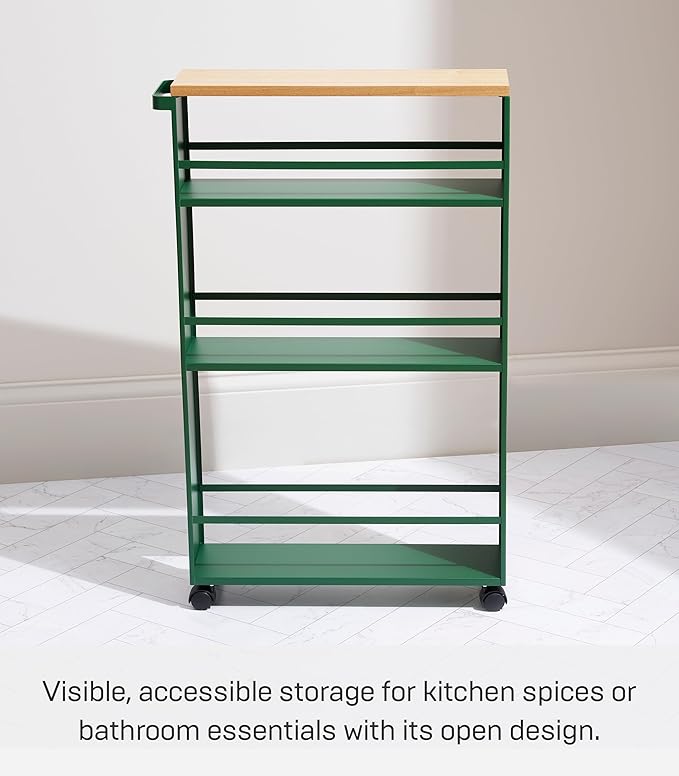 YAMAZAKI Home Slim Rolling Storage Cart – Narrow Kitchen Storage Cabinet with Handle, Slim Storage Cart with Wheels, Easy Assembly, Steel + Wood, Green