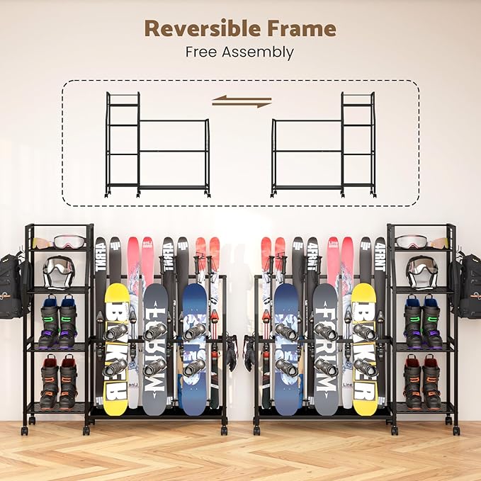 4-Tier Freestanding Snowboard Rack for 4 Pairs of Skis, 3 Snowboards, Boots, Poles, Goggles, Helmets, Ski Storage Rack with Adjustable Shelves, Snowboard Stand for Home, Garage