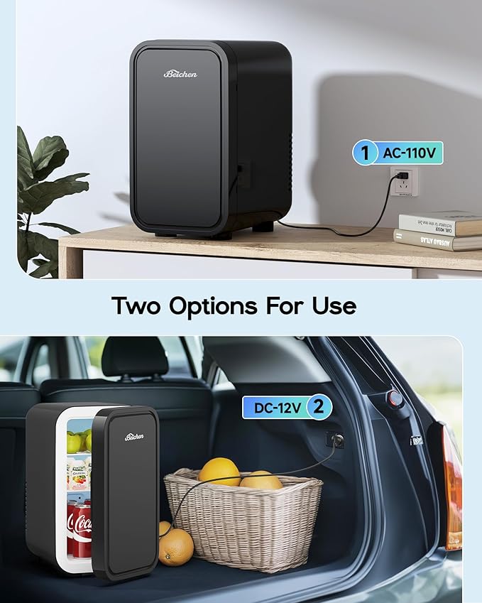Mini Fridge,6 Liter / 8 Can Small Fridge for Bedroom, Car, Office & Dorm, AC100-120 V/DC 12 V Portable Thermoelectric Cooler & Warmer for Skincare, Food, Drinks,Black ﻿