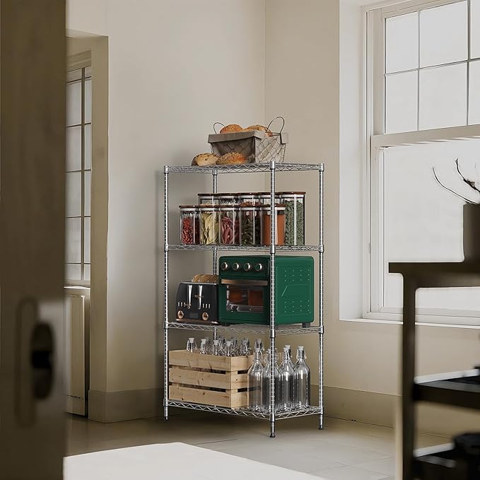 1000 lbs 4Tier Shelf Metal Storage Shelves Wire Rack Closet Organizers with Wheel for Garage Kitchen Bathroom Laundry Chrome 13.7" D x 23.6" W x 53.4" H