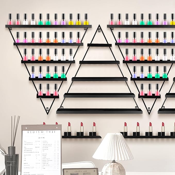 10PCS Nail Polish Rack Wall Mounted Shelf, 5 Tiers Black Triangular Display Rack, Cosmetic Display Cases, Lipstick Perfume Wall Shelf Essential Oil Organizer for Home Spa Nail Salon Shop (Black)