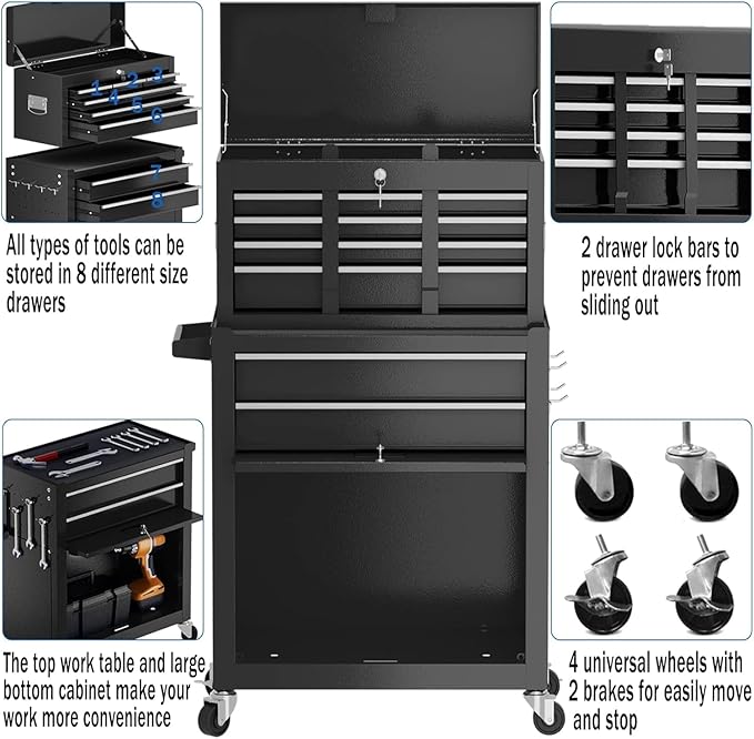 8-Drawer High Capacity Rolling Tool Box with Wheels,Rolling Tool Chest with Drawer,Tool Box on 4 Wheels with Lock, Tool Storage Cabinet Removable Portable Box for Garage Warehouse (Black)