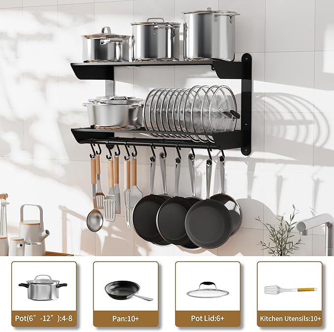 YIGII 30 Inch Pot Rack Wall Mounted, 2-Tier Pots and Pans Organizer with 12 Anti-Drop Hooks, Heavy Duty Kitchen Wall Shelf for Cookware, Lids, Utensils, Black