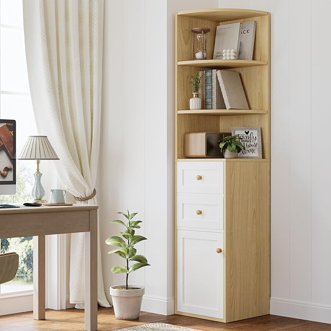 IRONCK Corner Bookshelf and Bookcase, 71" H Wooden Book Shelves 3 Tier with Drawers and Storage Cabinet for Living Room, Office, Bedroom, Oak and White