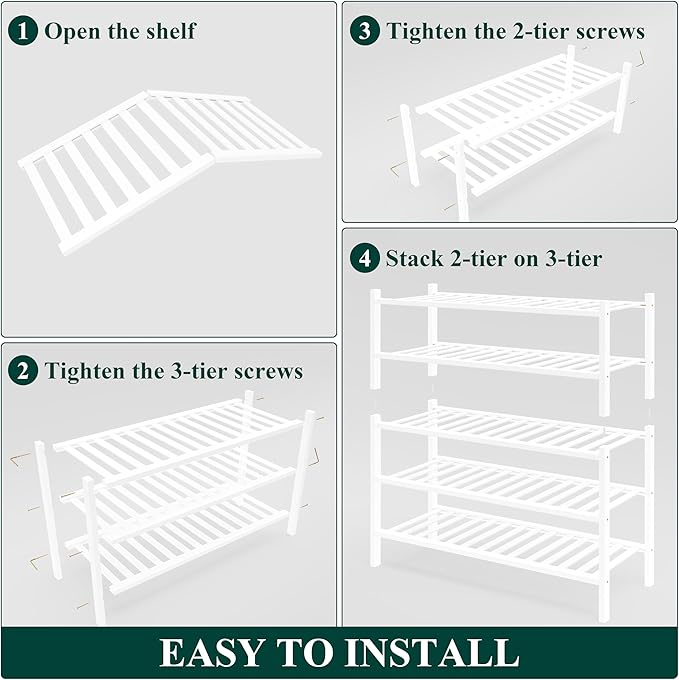 Smiry Bamboo Shoe Rack for Closet, 5 Tier Wooden Stackable Shoe Organizer, Free Standing Shoes Storage Shelf for Entryway, Front Door Entrance, White