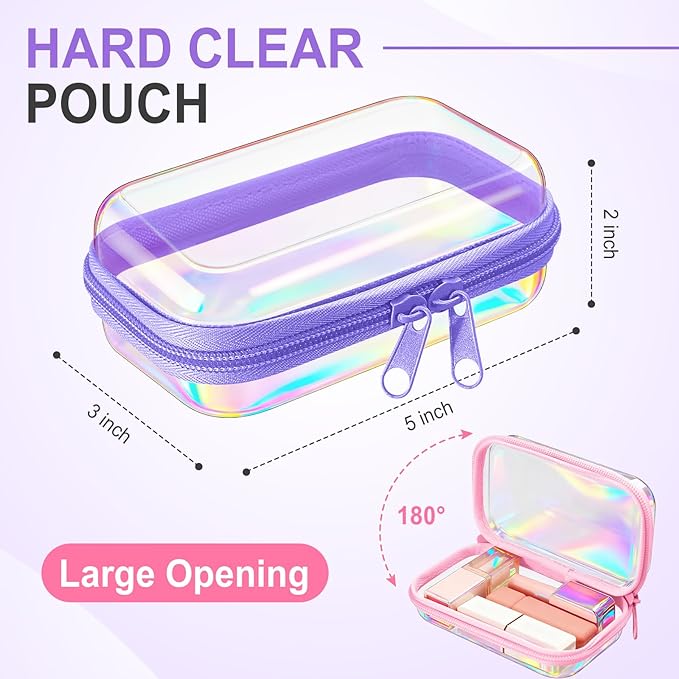 Sanwuta 6 Pcs Clear Hard Zipper Case Hard Plastic Zipper Pouches Transparent Makeup Bag Pencil Pouches for Travel Snacks Christmas Trinket Storage Organizer Box(Holographic,5 x 3 x 2 Inch)