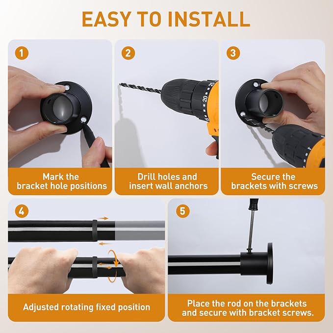 Black Adjustable Closet Rod 18-77 Inches, Heavy Duty Metal Clothes Hanging Rod, Rust-Proof Non-Slip Wardrobe Bar for Closet, Laundry Room, RV