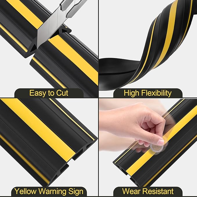 MYFAMIREA 4FT Floor Cord Cover Heavy Duty Cable Cover Protector with 3 Channels Extension PVC Floor Wire Cover Outdoor Cord Hider Management Cord Cover for Wire on Floor for Home Office Outdoor