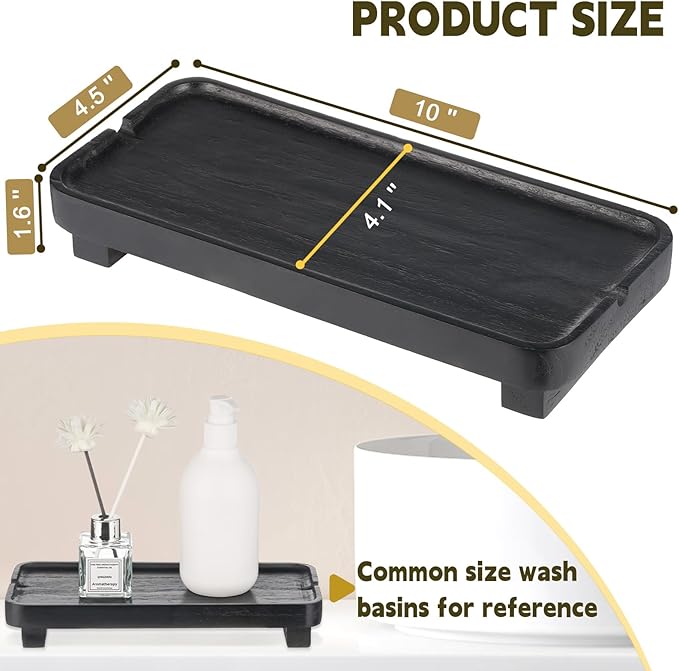 Wood Riser Small Decorative Tray Sink Soap Dish, Vanity Tray Pedestal Stand 10 x 4.5 inches (Black)