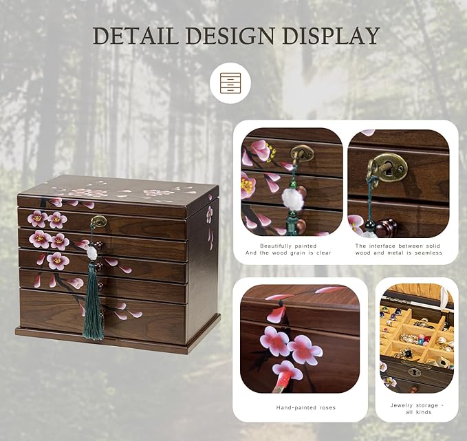 Vintage Wooden Jewelry Boxes with Lock & Key - Hand-Painted Large Jewelry Organizer, 6-Layer jewelry organizers and storage, Rustic Tabletop Jewelry Storage Box for Women/Men