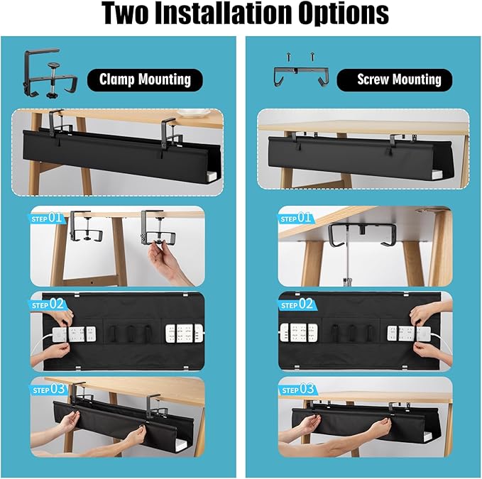 Oxford Cloth Under Desk Cable Management Tray,No-Drill 36" Desk Cable Management Organizer with Clip/Screw Installation,Fabric Cable Management for Home,Office & Gaming Computer(Black)