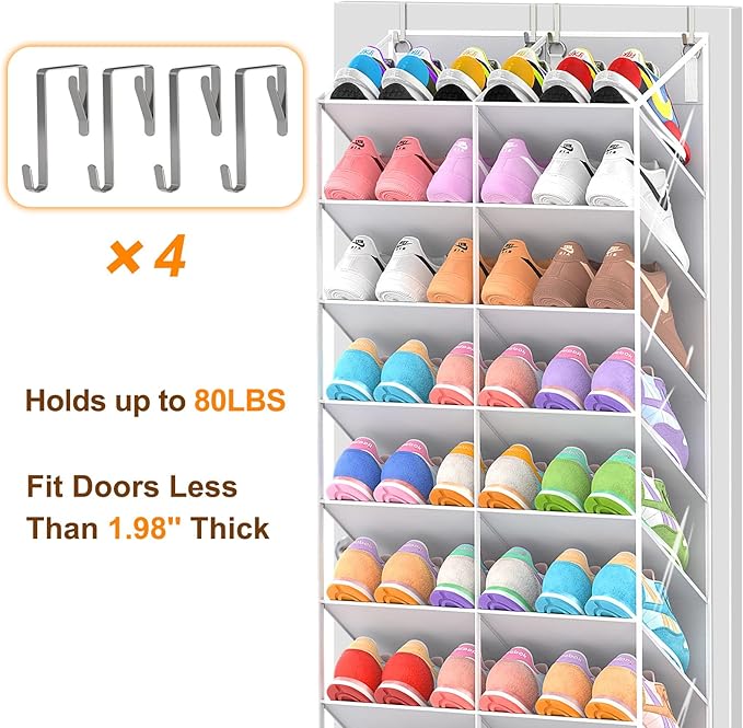 30 Pairs Over the Door Shoe Organizer, Clear Pockets Hanging Shoe Storage for Closet, 10-Tier Door Shoes Rack Storage Fit All the Family's Sneakers, Boots, Heels, Light Grey