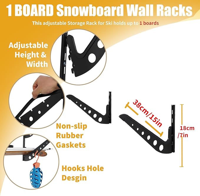 Snowboard Wall Racks, Adjustable Storage Rack for Ski, Surfboard, Wakeboard, Snowboard Wall Mount Display, White/Black