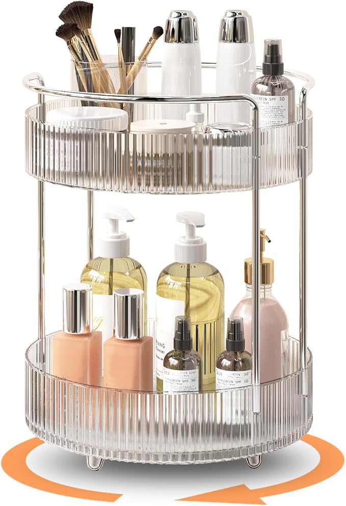 360° Rotating Makeup Organizer for Vanity, Skincare Perfume Organizers and Storage for Bathroom Countertop, Clear Makeup Brush Holder Lazy Susan for Counter (Transparent, 2 Tier)