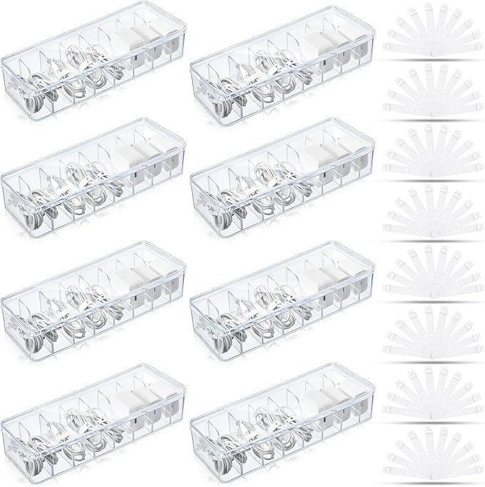 Tatuo 8 Pcs Cable Organizer Box with Wire Ties, Plastic Cord Storage Box with Lid, Electronics Organizer for Home Office Desk Organizers and Accessories (Clear)