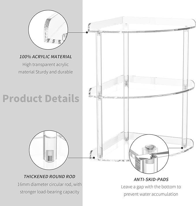 3 Tier Acrylic Corner Shelf Organizer Storage 9.5x9.5x15.7 Inch, Transparent Countertop Corner Shelf for Bathroom, Kitchen, Bedroom, Office, Study Room