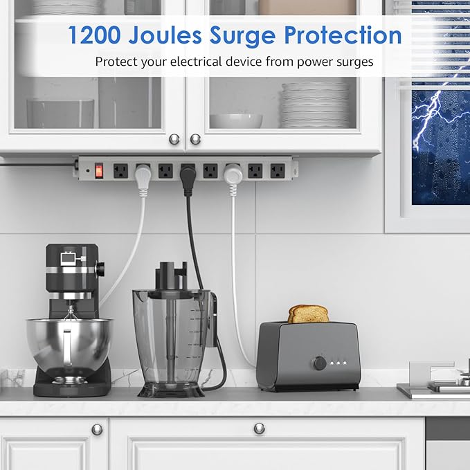 CCCEI Corner Mount Angle Power Strip, Under Cabinet Heavy Duty 8 Outlets Power Strip 20Amp, Metal Underneath Desk Plug Surge Protector, Wall Mountable, for Garage, Shop, Kitchen. 15FT Extension Cord.