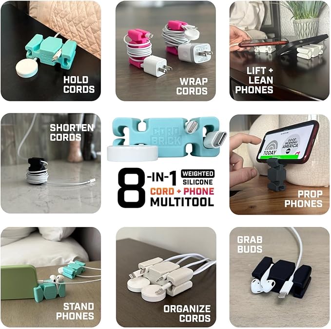 CordBrick Stocking Stuffers for Adults Cord Management Weighted Cord Holder Cable Wrap Phone Stand - Multiuse Gadget Organizer for Nightstand, Desk. Gift for Men, Durable Silicone. 4pk Black