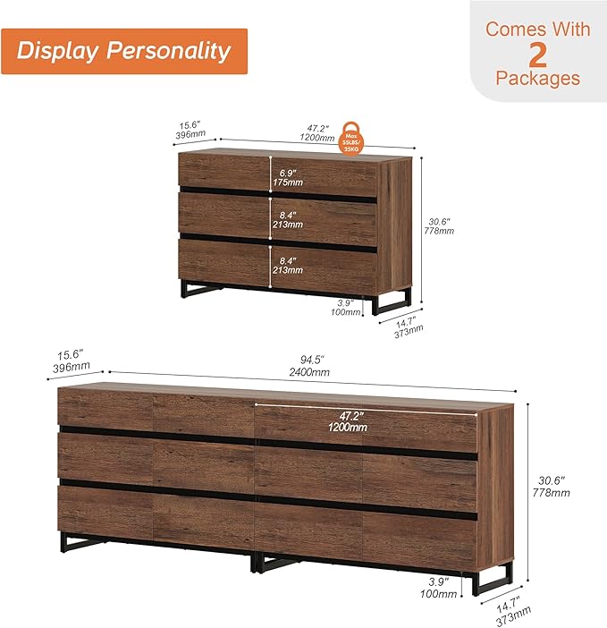 WAMPAT Dresser for Bedroom, Closet Organizers and Storage with 12 Drawers, Chest of Drawers with Metal Base, Modern Wooden Dresser for Living Room, Entryway, Brown