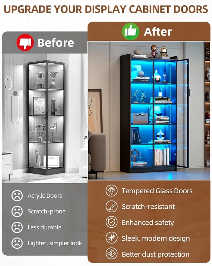 Display Cabinet with Glass Doors and Shelves, 65" Tall Curio Cabinet with LED Lights/Human Sensor, 5 Tier Display Case for Collectibles Bedroom Living Room Office, Black