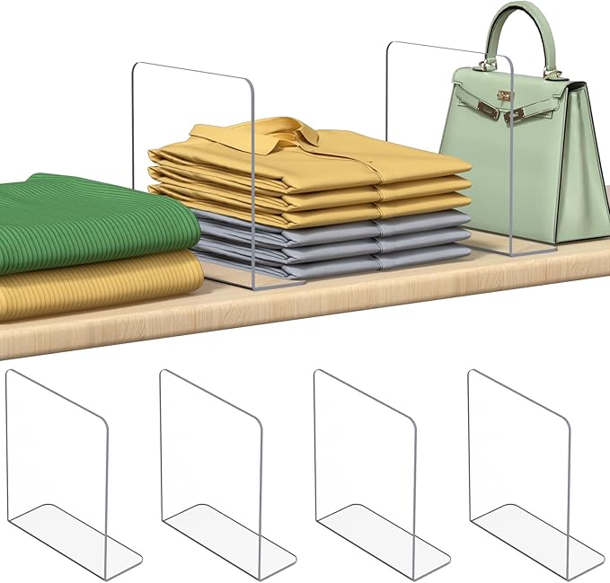 Shelf Dividers for Closet Organization: 4 Pack 10" Tall X 8.4" Deep Acrylic Clear Vertical Shelves Separators - Adhesive Adjustable Easy to Install Remove - Handbags/Clothes/Towel Storage