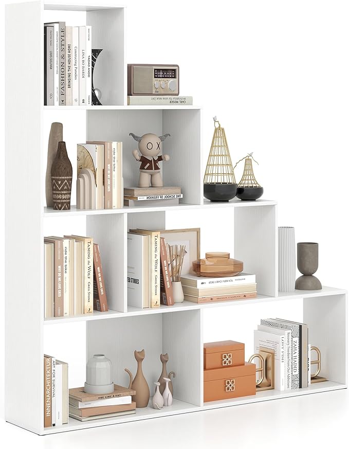 Tangkula 4-Tier Stepped Bookshelf, Freestanding 6 Cubes Ladder Bookcase with Anti-Tipping Kits, 64" Tall Modern Wooden Storage Display Rack for Home Office Living Room Study (1, White)