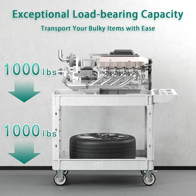 Heavy Duty Utility Rolling Tool Cart, 550 lbs Capacity Plastic Rolling Carts with 360°Swivel Wheels, 40 x 25 Inch Service Cart, 2 Shelf Work Cart for Warehouse,Garage, Cleaning, Grey