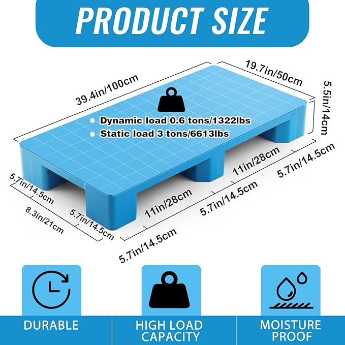 2 Pcs Plastic Pallet for Basement Storage Easy Stack Lightweight Floor Pallet Display Flooring Room Supermarket Christmas, Support up to 2000 Lbs (40'' L X 20'' W X 5.5'' H,Blue)