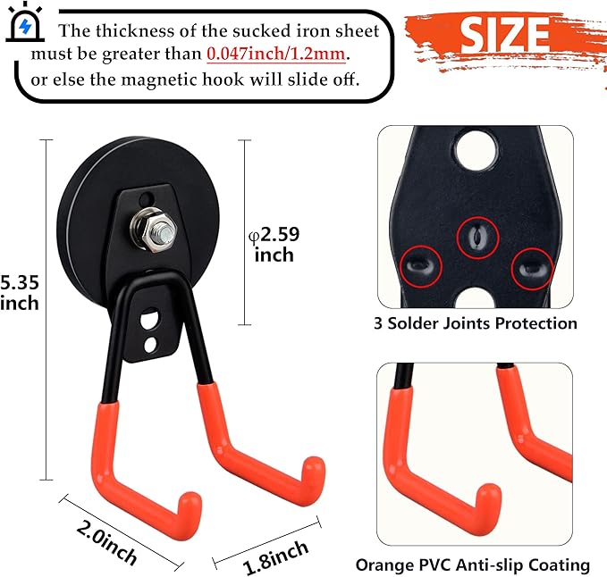 ULIBERMAGNET Heavy Duty Magnetic Garage Hook,10 Pack Strong Large Magnet Hooks for Power Drill,Garden Tools,Hose,Pegboard,Garage, Workshop,Magnetic Storage Hooks for Indoor Outdoor Hanging(Orange)