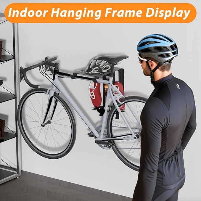 Bike Wall Mount Rack, Wall Bike Rack with Shelf and Hooks, Bike Storage Wall Mount System For Race Bicycles and Mountain Bikes, Space Saving Wall Mounted Hanger for Garage, Store your helmet and shoes