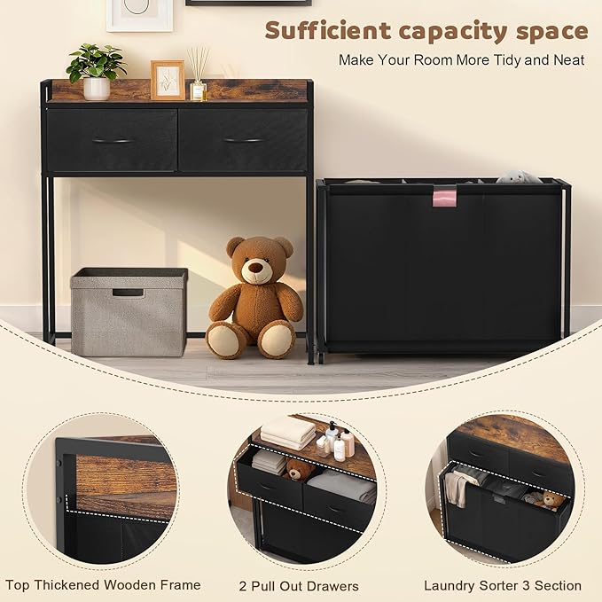 Laundry Hamper with 3 Section Rolling Bags, Laundry Sorter with Wheels, Laundry Basket with 2 Drawer for Laundry Room (Black and Rustic Brown)