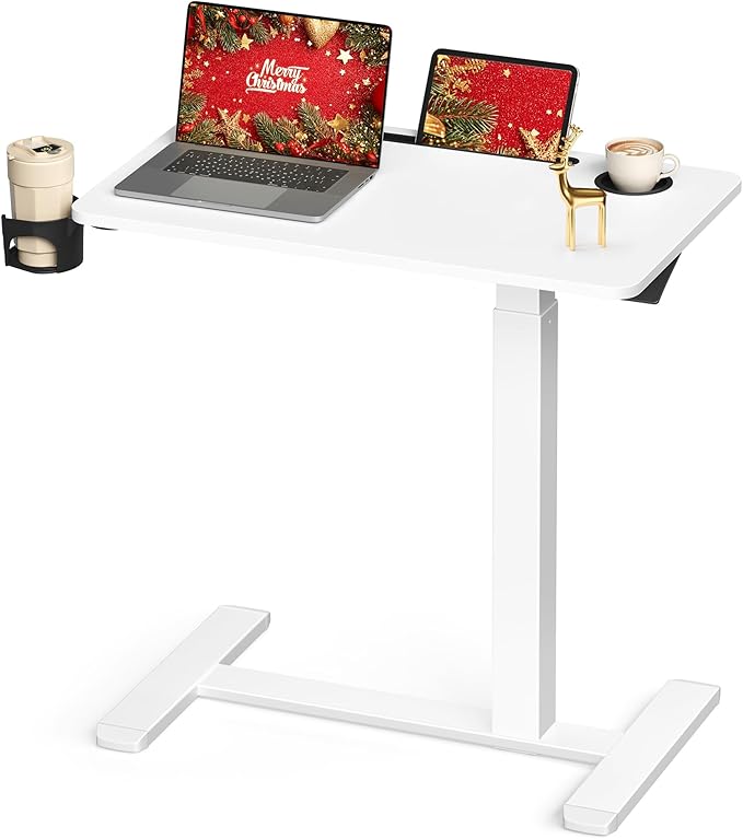 VASAGLE Overbed Table with Wheels, Mobile Standing Computer Desk, 27.6 x 15.7 Inches Tabletop, Adjustable Height, 2 Cup Holders, Phone and Tablet Slot, Cloud White ULSD600W01