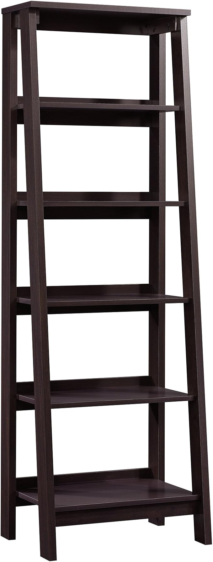 Sauder Ladder Bookshelf 5 Tier Trestle Ladder Shelf Wooden Bookcase, in Jamocha Wood