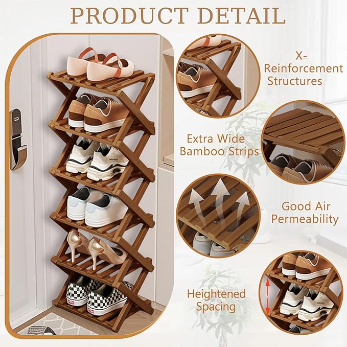Comeon Bamboo Shoe Rack, Foldable Vertical Shoe Rack for Front Door Entrance Narrow Shoe Organizer Small Shoe Shelf for Entryway Shoe Storage Closet Multi-Tier (Brown Colors,5 Layers)