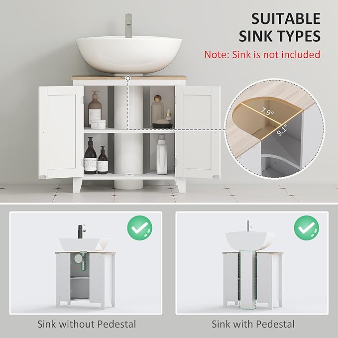 kleankin Pedestal Sink Storage Cabinet, Under Sink Cabinet with U-Shape and Adjustable Internal Shelf, White