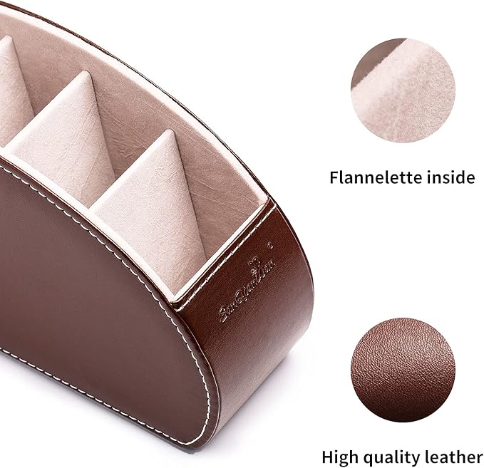 Remote Control Holder , PU Leather Organizer Box with 5 Compartments for Table Bed Office ,Remote Caddy Desktop Storage Home Accessories for Controllers , Media Player ,Make up Brush ,Pen (Brown-A)