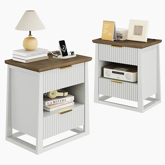 HIFYOBRO Fluted Nightstands Set of 2 with Charging Station & Motion Sensor Light, Modern Bedside Tables with 2 Drawers and Storage Shelf for Bedroom, White