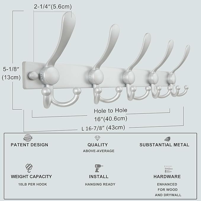 Dseap Coat Rack Wall Mount 2.0 Pro: Heavy Duty 300% Thicker, 16" Stud Mount, Stainless Steel Wall Coat Hooks Hanger for Clothes Jackets Hats Entryway Closet, MaxStrong Series, Silver