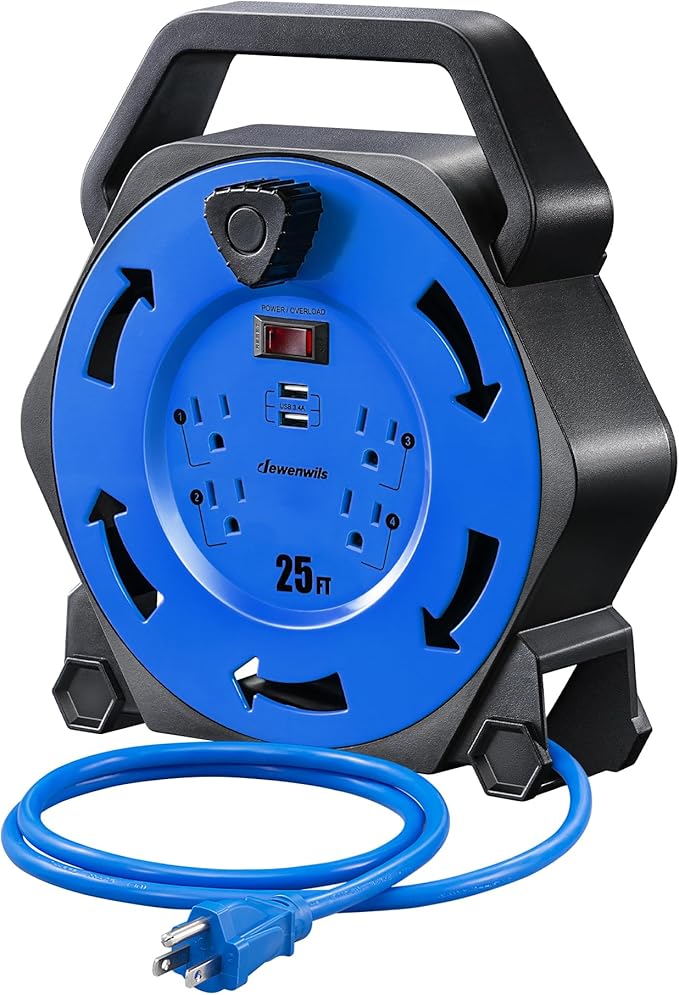 DEWENWILS Cord Reel with 4 Power Outlets, 2-USB Ports(3.4A Fast Charge), 25FT Retractable Extension Cord Reel, Heavy Duty SJTW 16/3 Cable, 13A Circuit Breaker, Hand Wind, UL Listed
